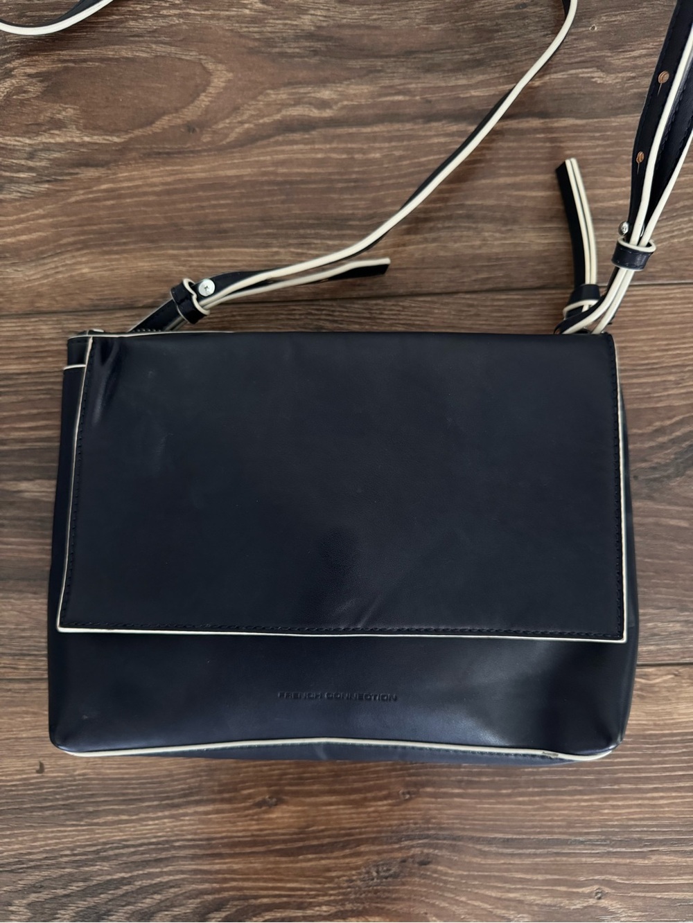 French Connection Navy Flap Crossbody Bag with White Trim